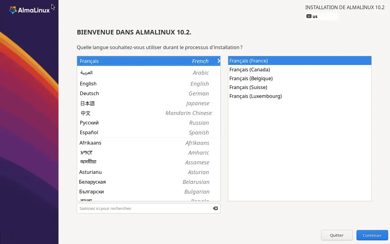 Écran de bienvenue et choix de la langue dans l'installateur Anaconda d'AlmaLinux 10