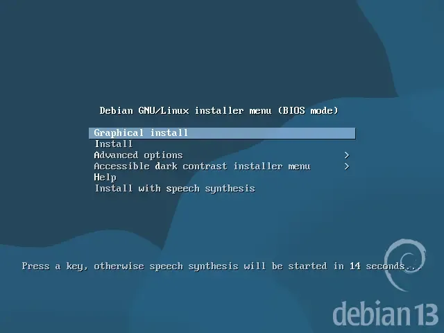 Menu de démarrage de l'installateur Debian 13