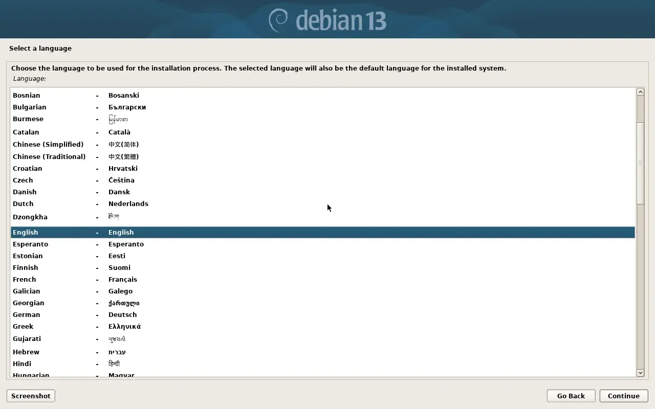 Choix de la langue dans l'installateur Debian 13