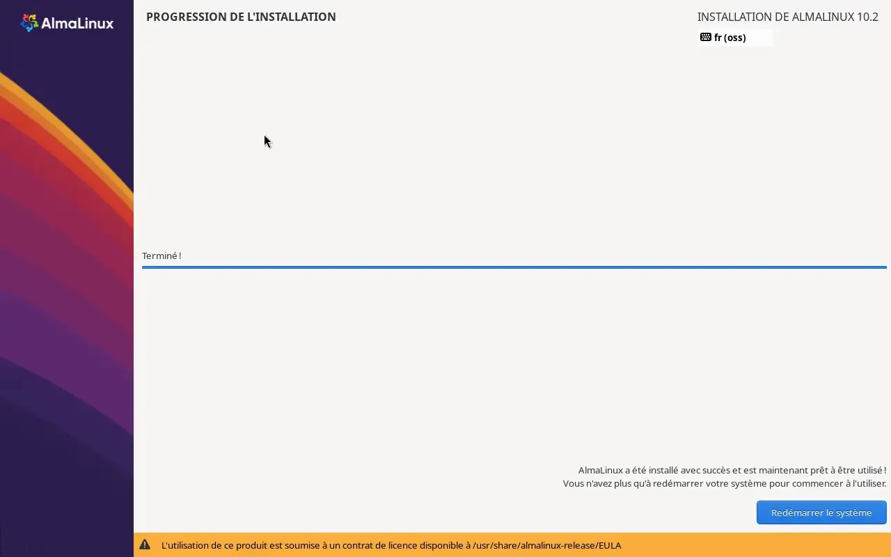 Fin de l'installation d'AlmaLinux 10
