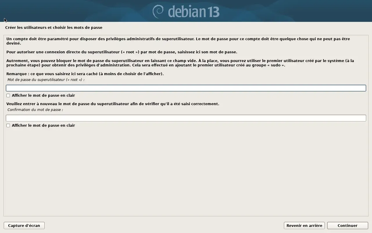 Écran du mot de passe root, laissé vide, dans l'installateur Debian 13