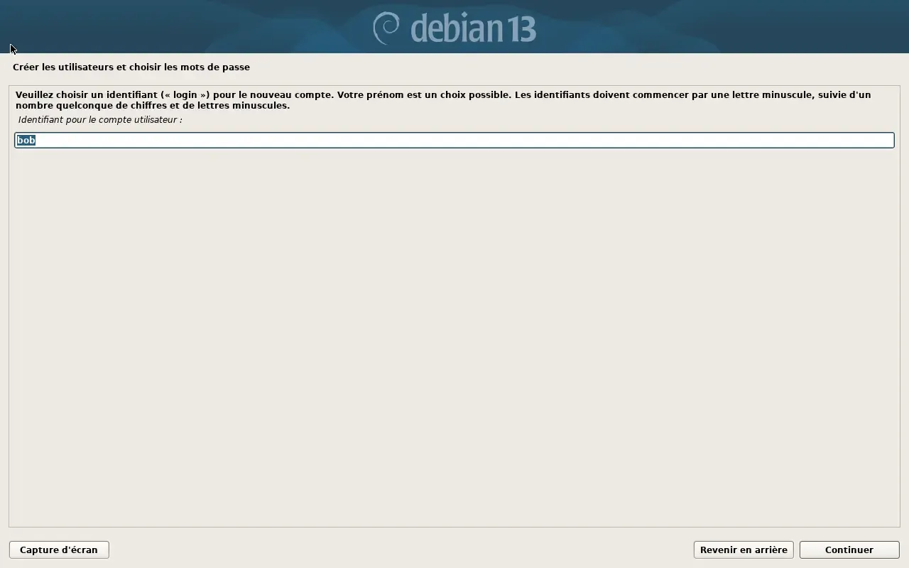 Saisie de l'identifiant de connexion dans l'installateur Debian 13