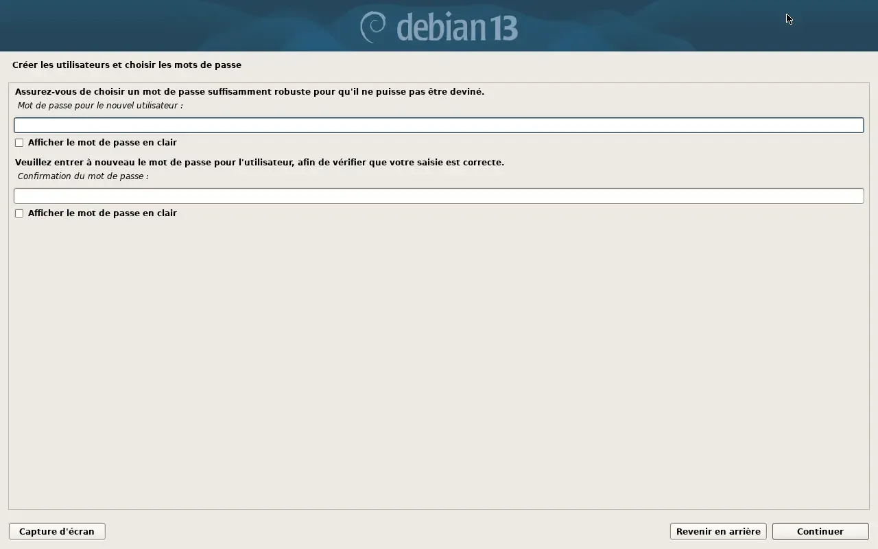 Saisie du mot de passe utilisateur dans l'installateur Debian 13