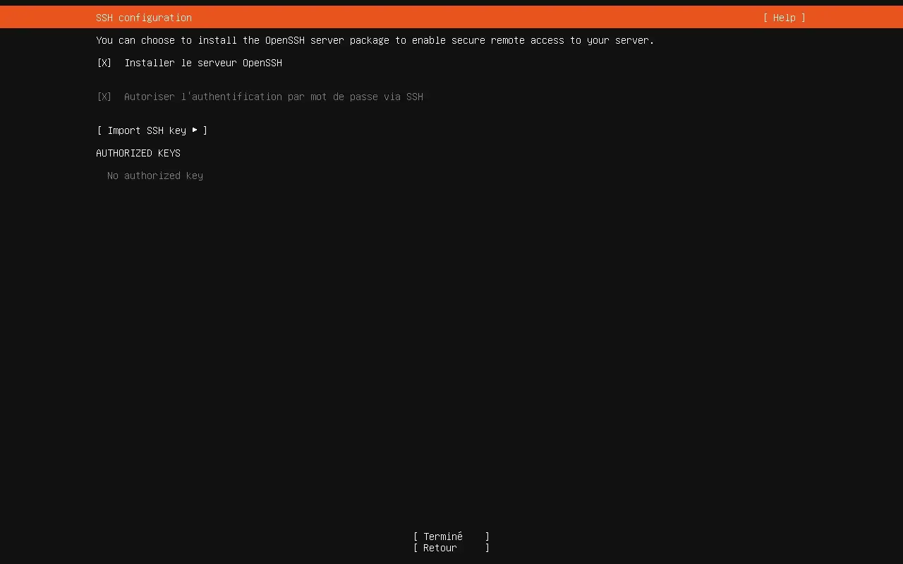 Écran de configuration SSH avec la case OpenSSH cochée