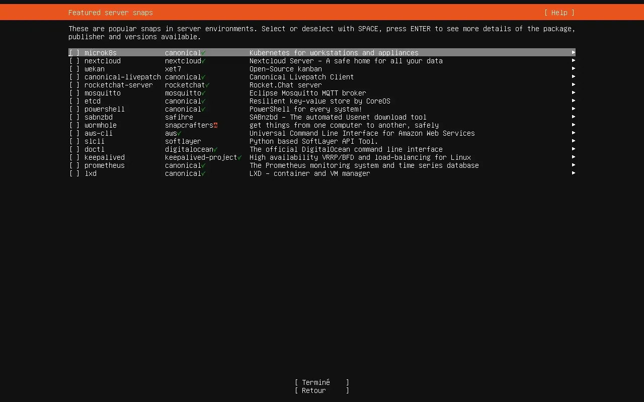 Sélection de snaps serveurs optionnels dans Ubuntu