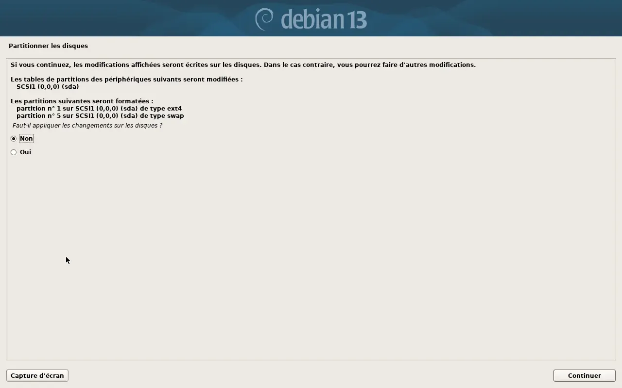 Confirmation de l'écriture sur le disque dans l'installateur Debian 13