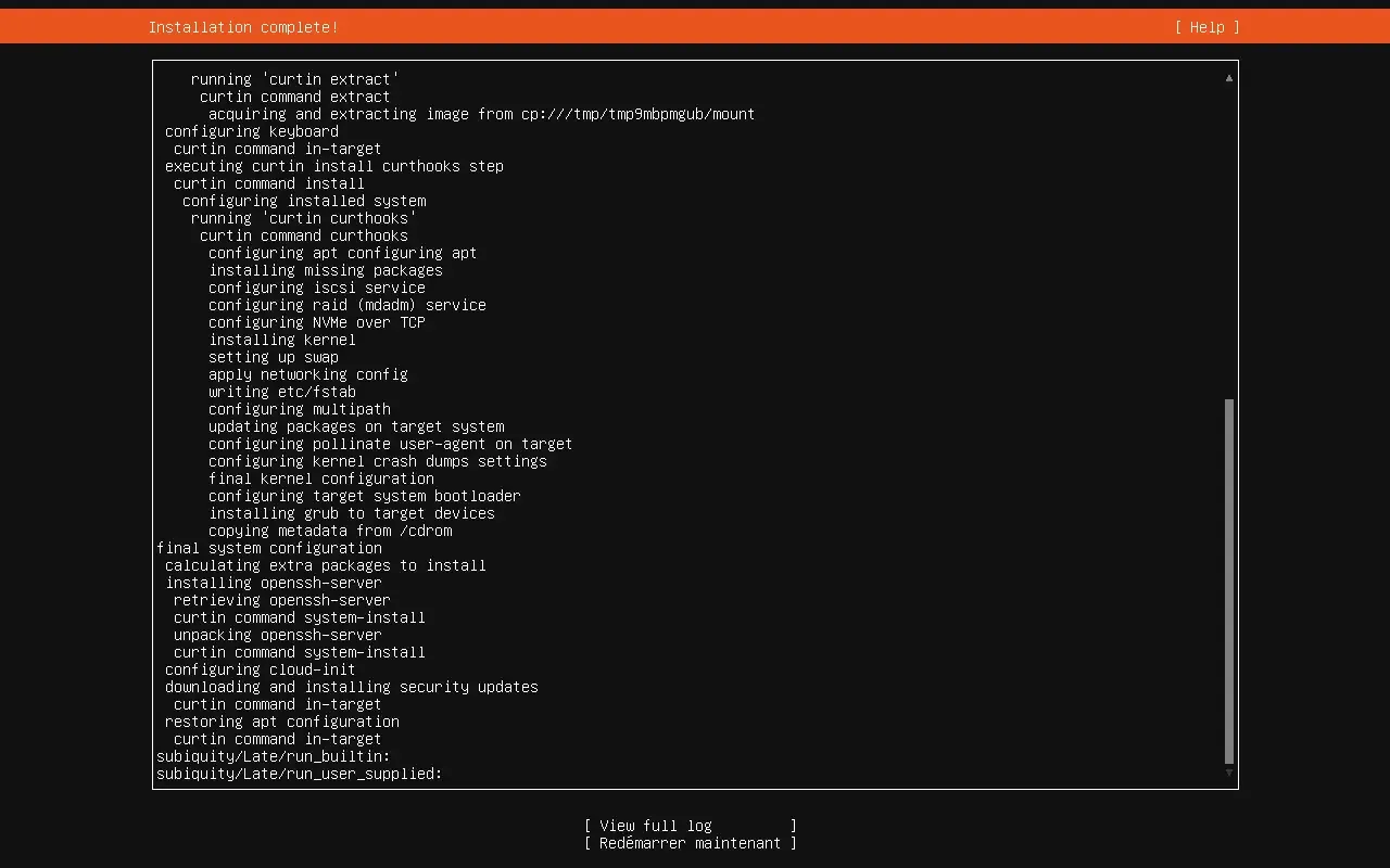 Écran d'installation terminée d'Ubuntu Server