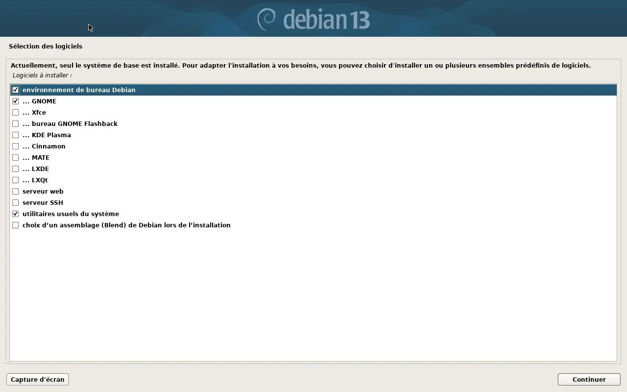 Sélection des logiciels par défaut, avec l'environnement de bureau coché