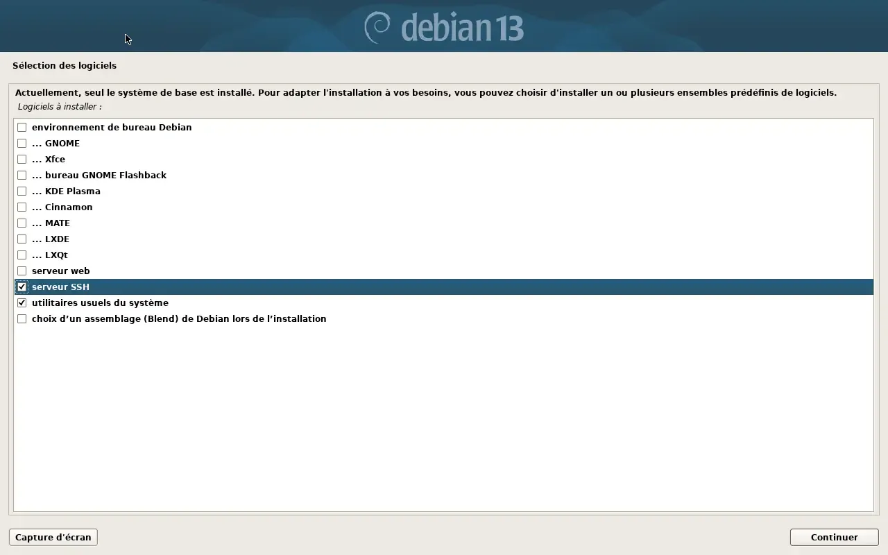 Sélection des logiciels configurée pour un serveur, avec serveur SSH coché