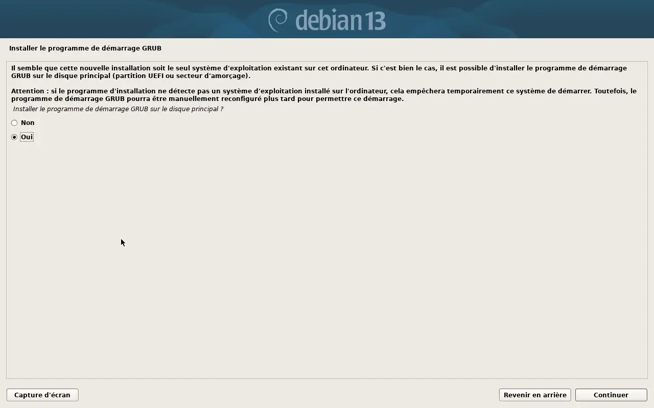 Installation du programme de démarrage GRUB dans l'installateur Debian 13
