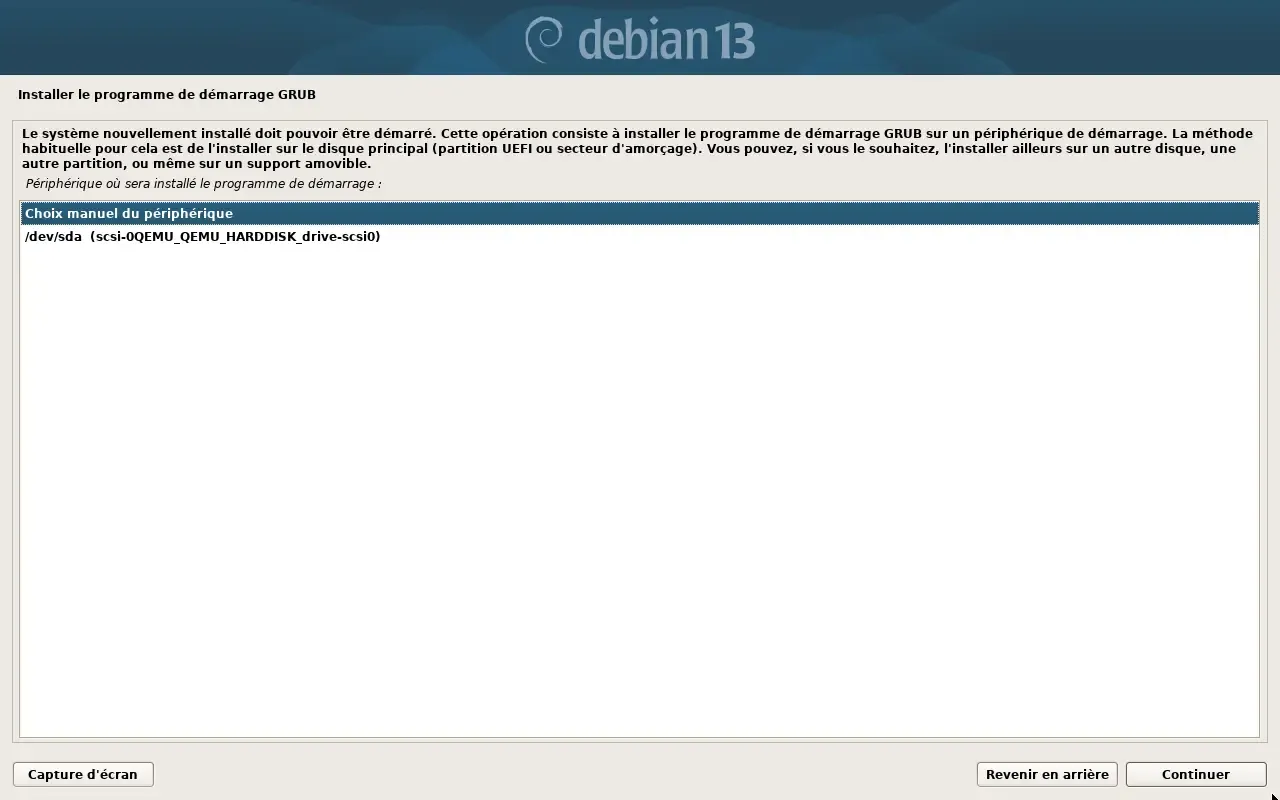Choix du périphérique pour GRUB dans l'installateur Debian 13
