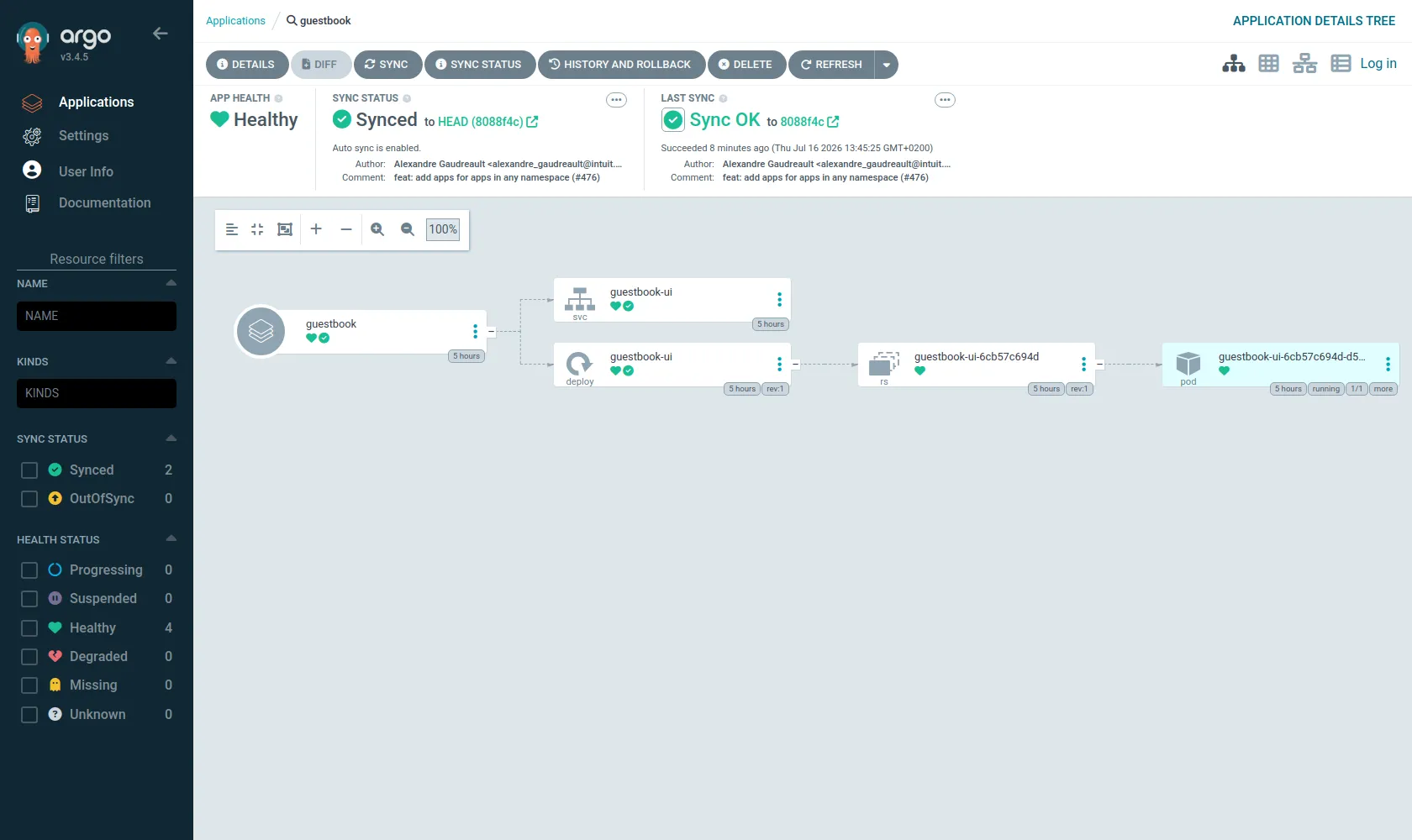 Arbre de ressources ArgoCD v3.4.5 : l'Application guestbook Healthy et Synced, reliée à son Service, son Deployment, son ReplicaSet et son Pod running
