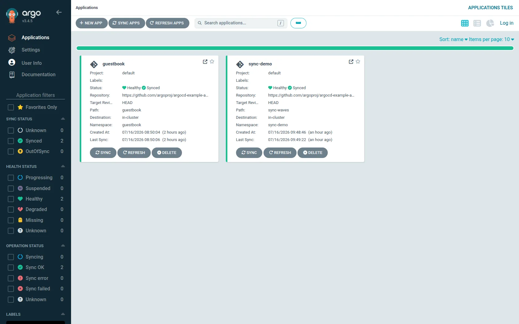 Dashboard ArgoCD v3.4.5 : les Applications guestbook et sync-demo, toutes deux Healthy et Synced, avec la barre latérale de filtres par statut de sync, de santé et d'opération