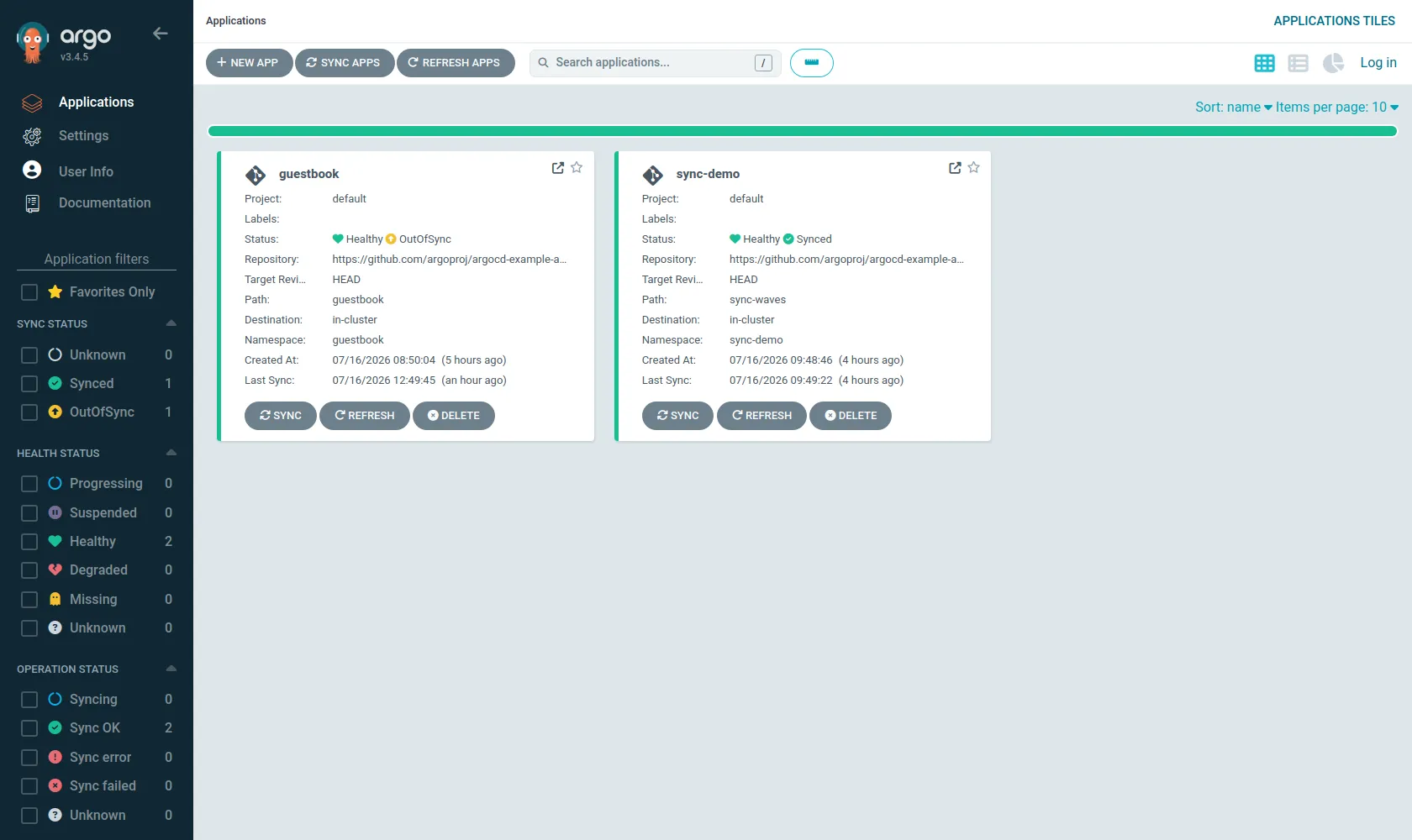 Dashboard ArgoCD v3.4.5 : l'application guestbook en Healthy + OutOfSync, filtres de synchronisation à gauche