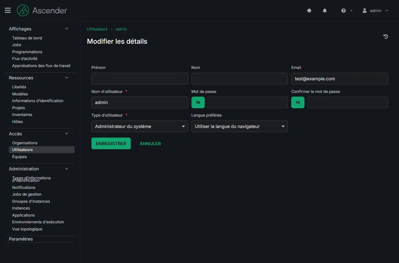 Page d'édition de l'utilisateur admin dans AWX