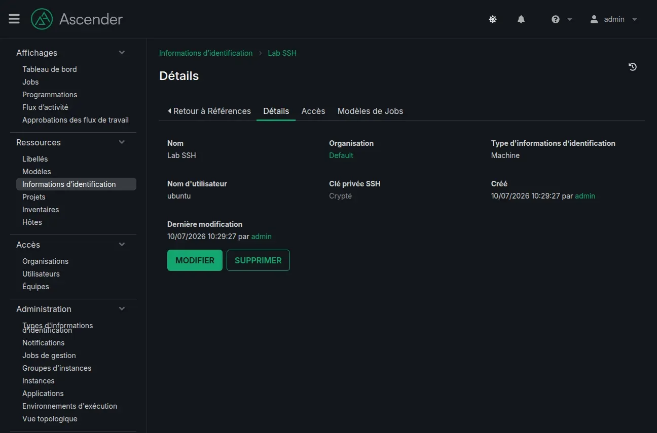 Identifiant machine dans AWX : la clé SSH affiche ENCRYPTED