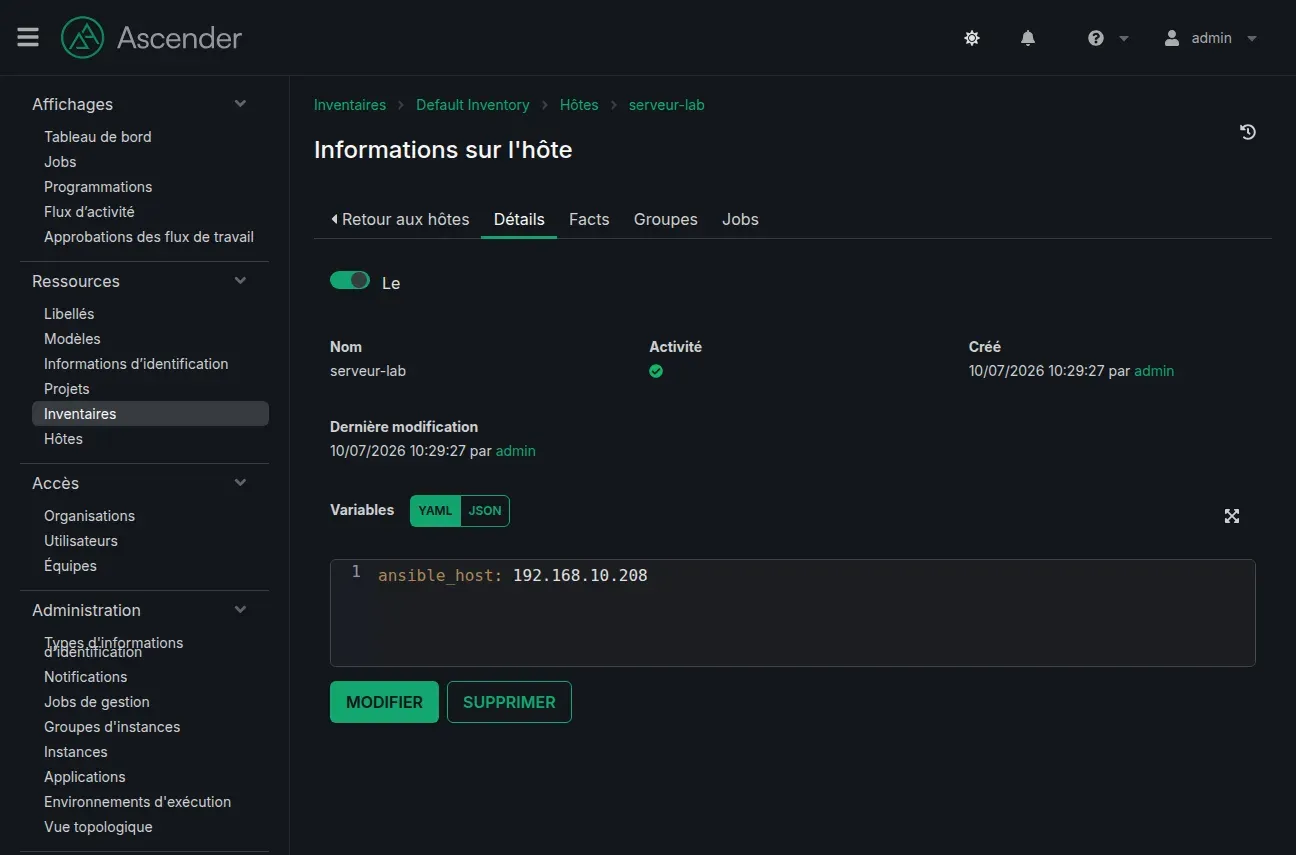 Hôte serveur-lab dans l'inventaire AWX, avec la variable ansible_host