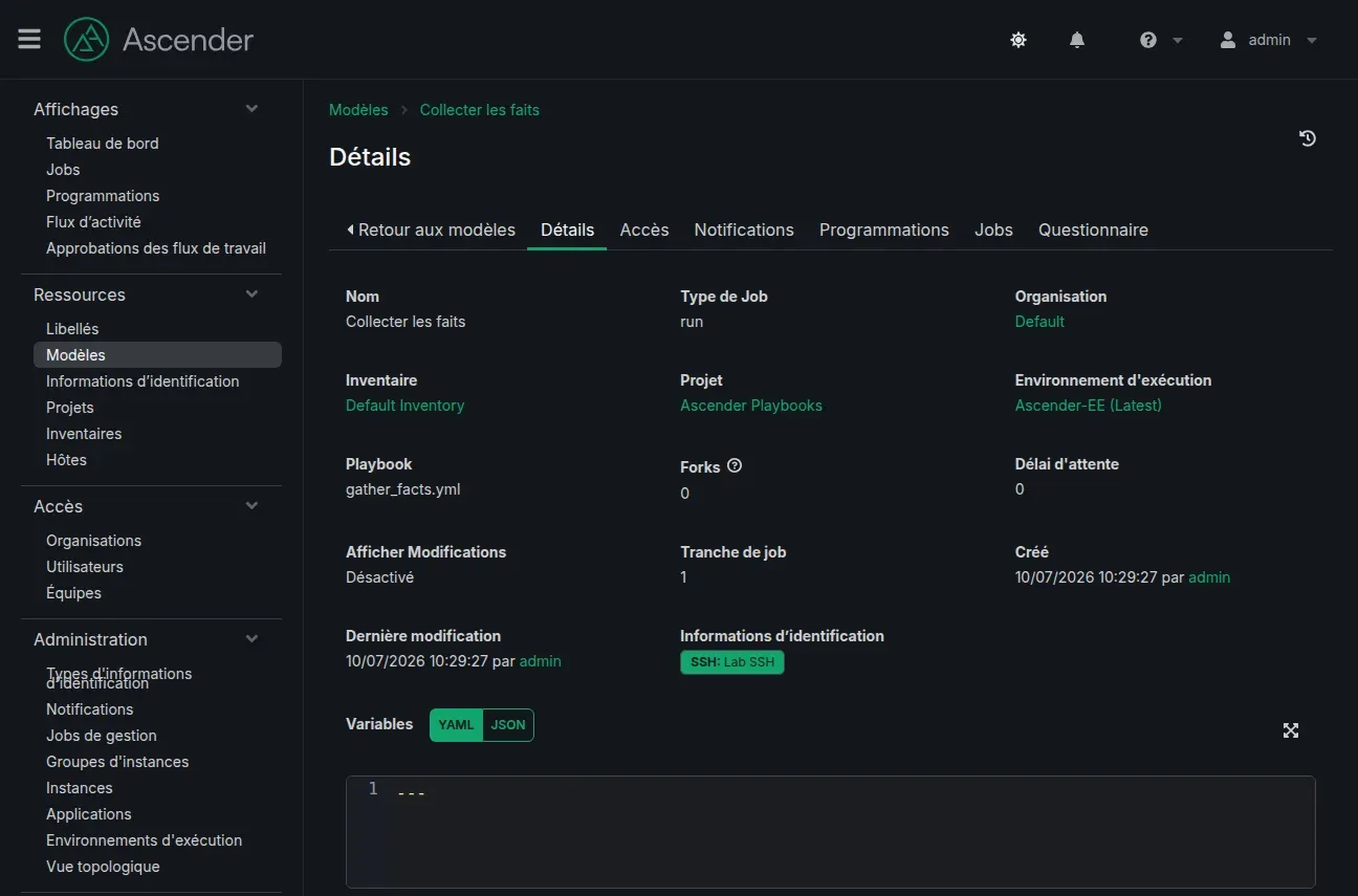 Job template AWX assemblant un inventaire, un projet, un playbook et un identifiant