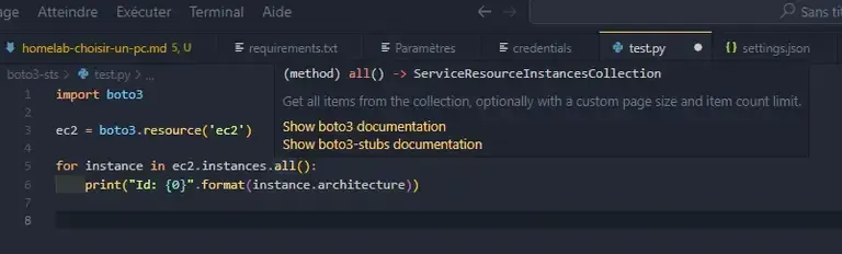 aws completion vscode boto3