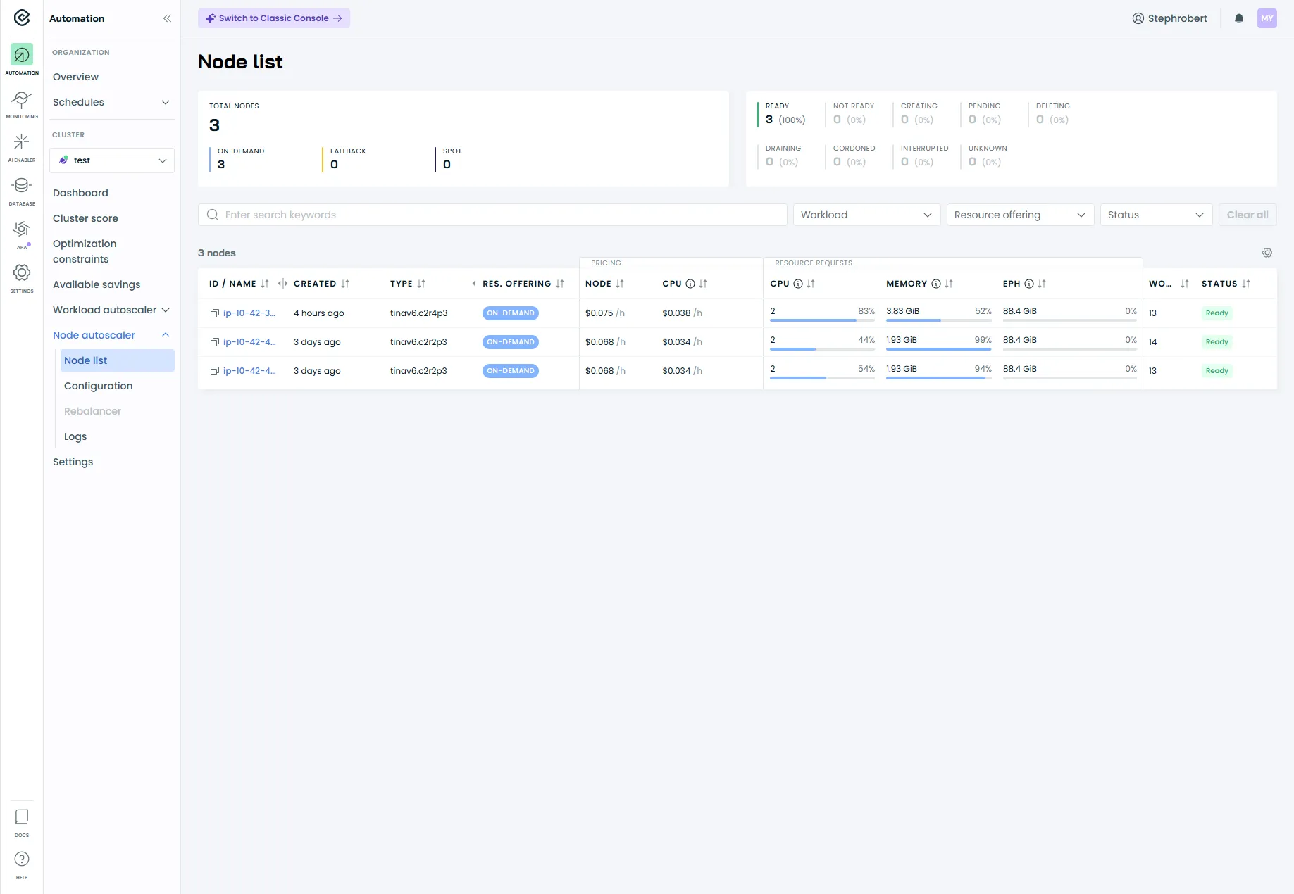 console nodes autoscaler