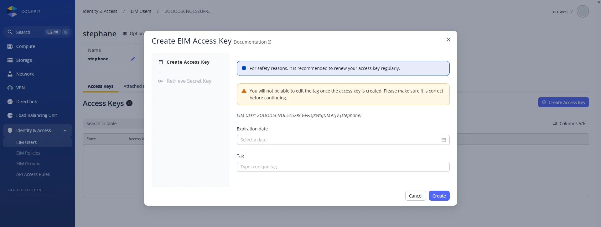 Page EIM User avec Access Keys
