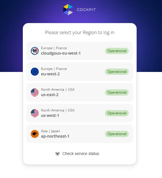 Sélection de la région Cockpit