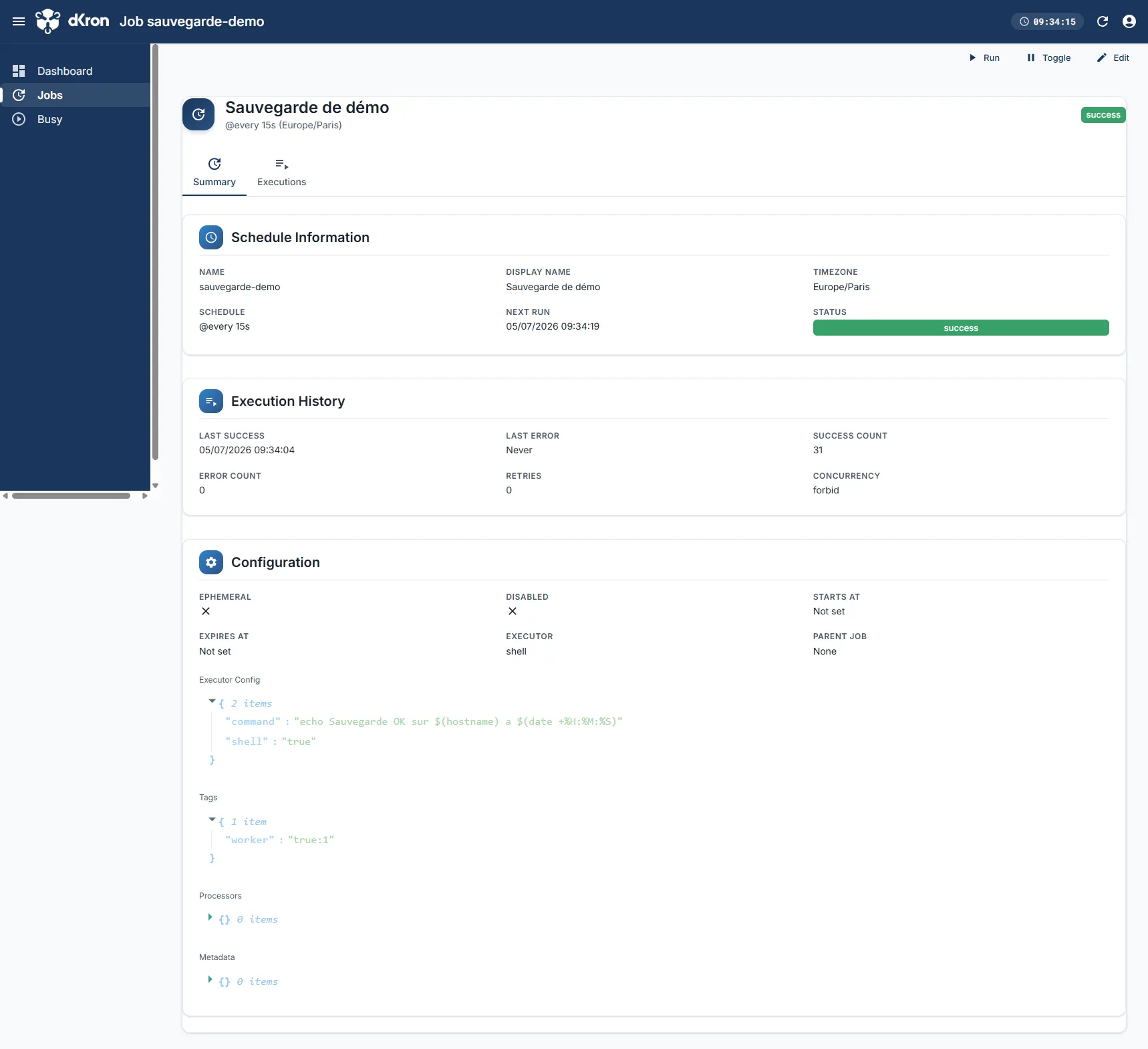 Détail d'un job dkron : schedule, executor et tags