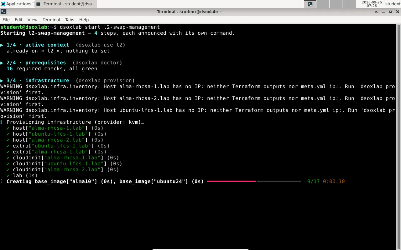 Un lab vm en cours dans le terminal de l'appliance : les contrôles requis au vert, puis Terraform qui monte les machines