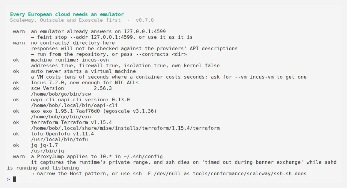 Sortie de feint doctor : port libre, runtime Incus détecté, clients officiels trouvés, avertissements sur les contrats et sur ProxyJump