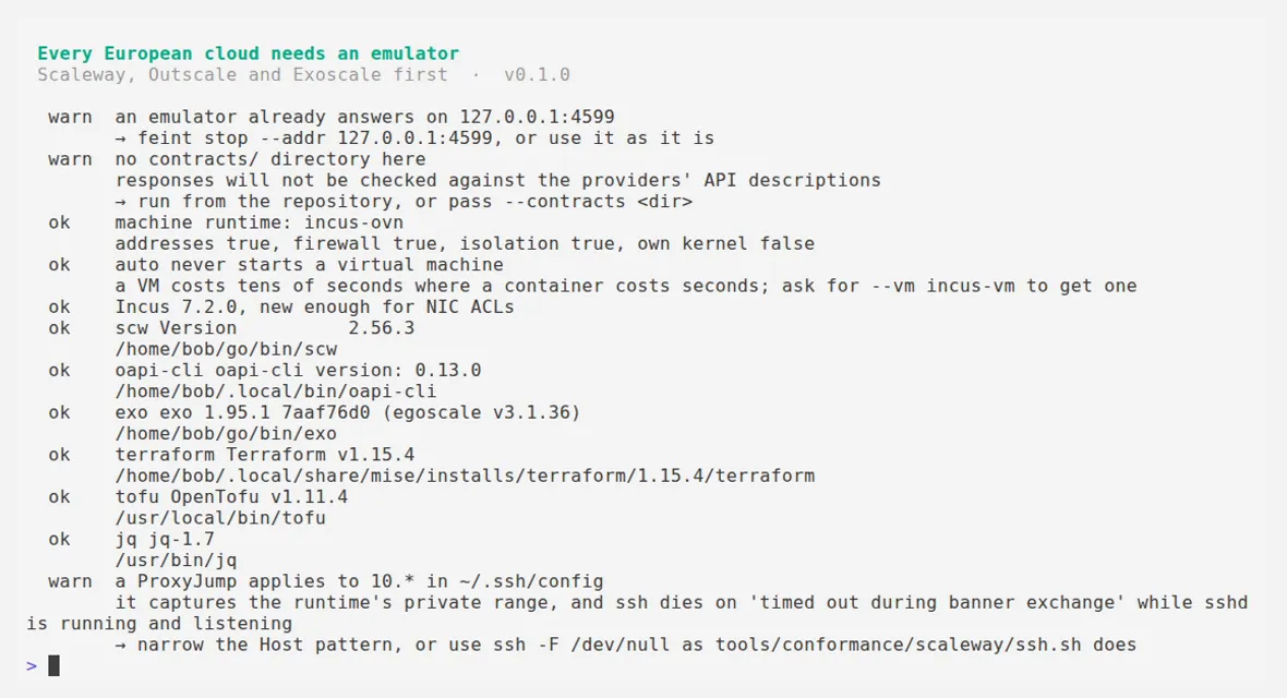 Sortie de feint doctor : port libre, runtime Incus détecté, clients officiels trouvés, avertissements sur les contrats et sur ProxyJump