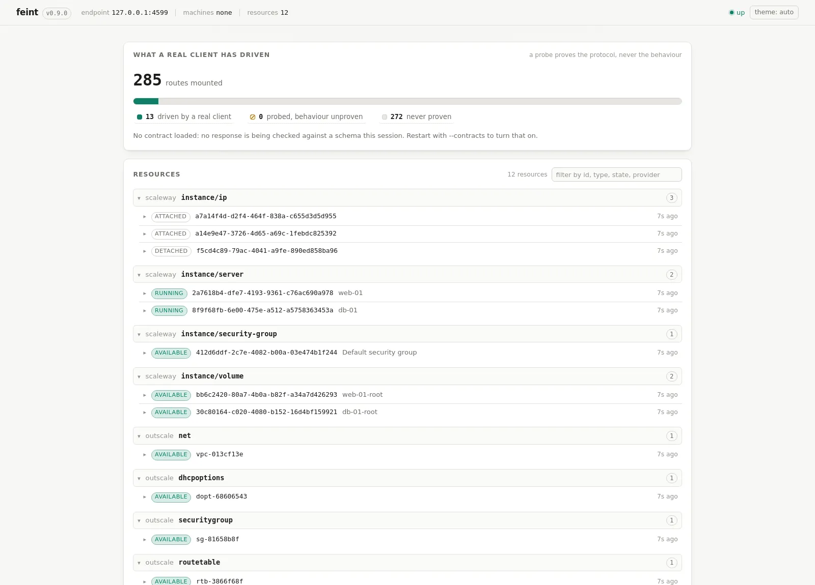 La page de feint 0.13.0 : 395 opérations montées, celles qu'un vrai client a pilotées, et l'inventaire des ressources créées par fournisseur