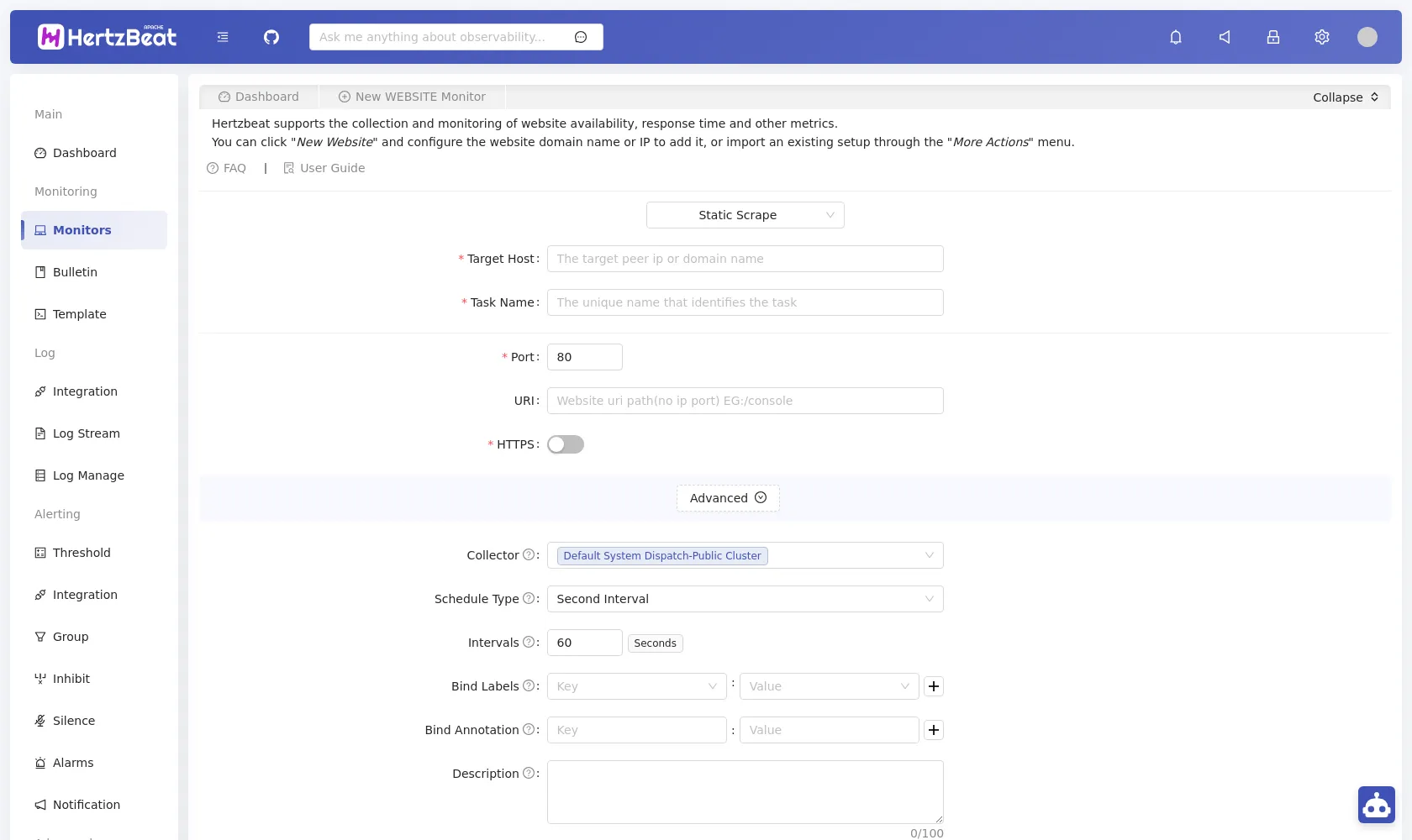 Formulaire d'ajout d'un monitor website