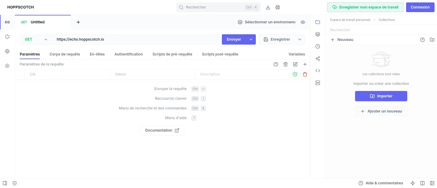 Interface de Hoppscotch auto-hébergé, avec la barre d'URL, les onglets de requête et le panneau des collections