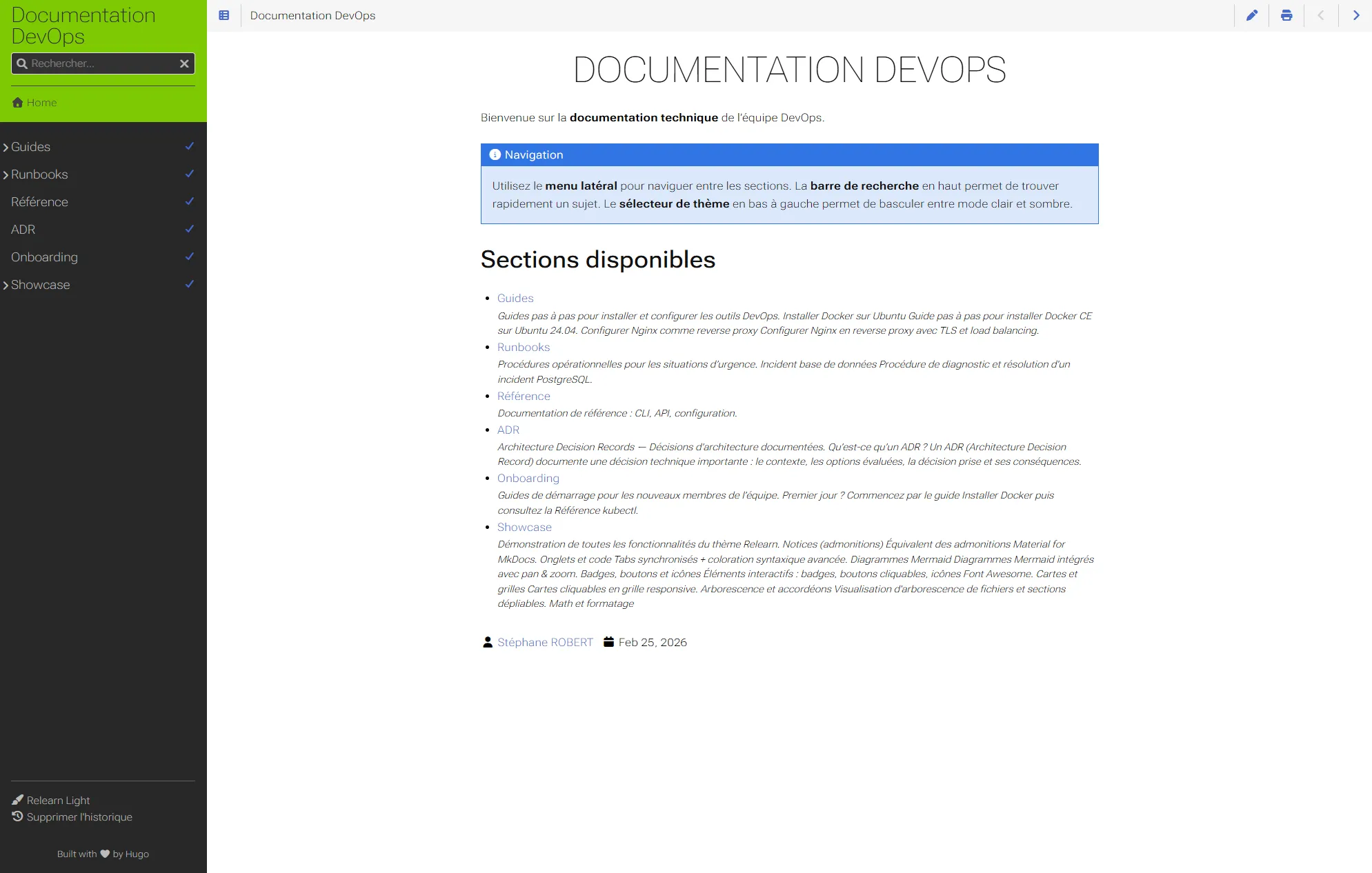 Page d'accueil Hugo Relearn avec menu latéral dépliable, barre de recherche et sélecteur de thème
