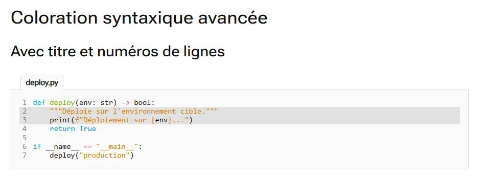 Bloc de code avec titre, numéros de lignes et lignes surlignées dans Relearn