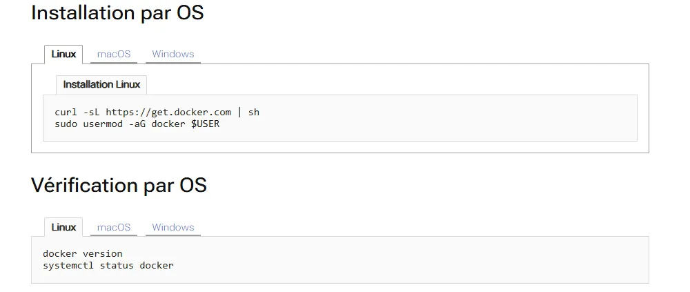 Onglets synchronisés Linux, macOS et Windows avec contenu adapté à chaque OS