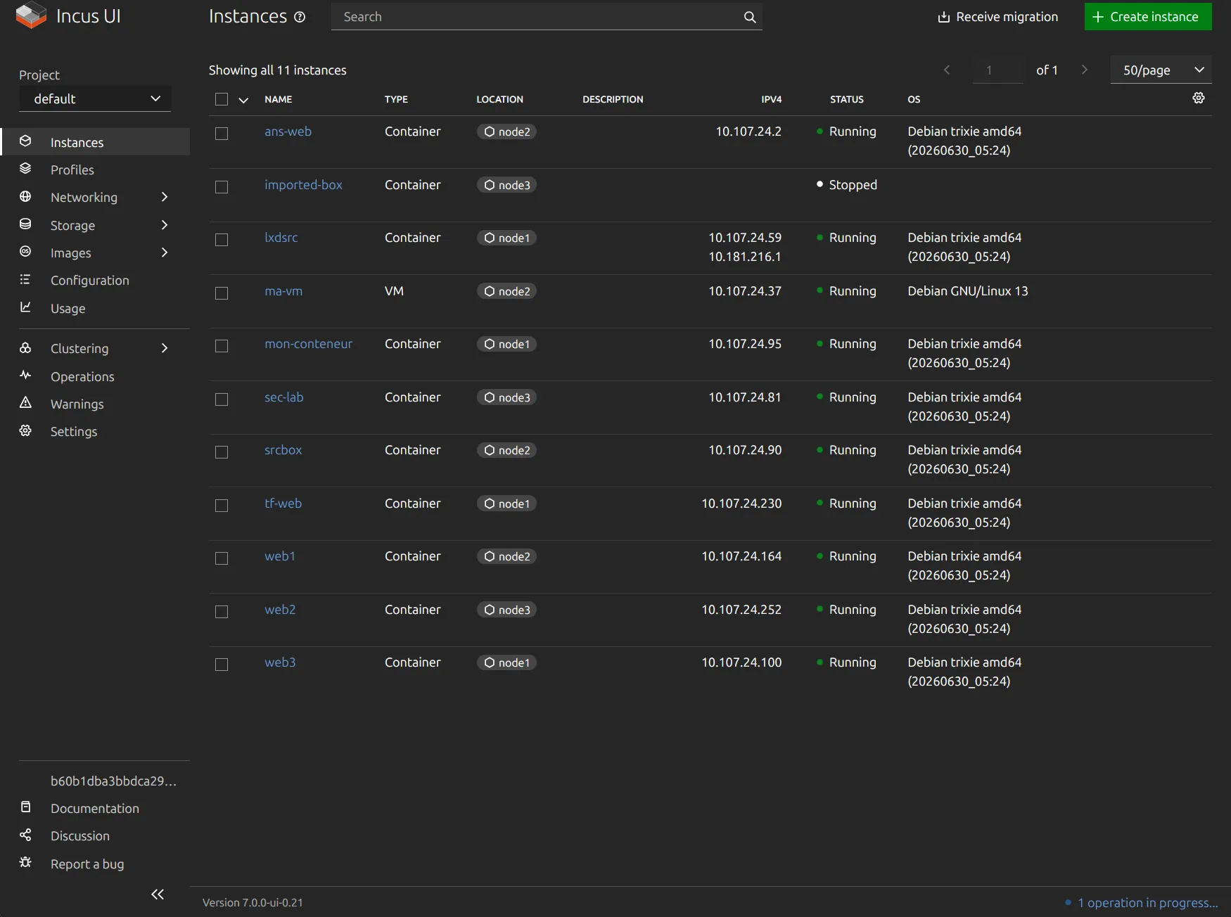 Interface web Incus : les instances du cluster réparties sur node1, node2 et node3
