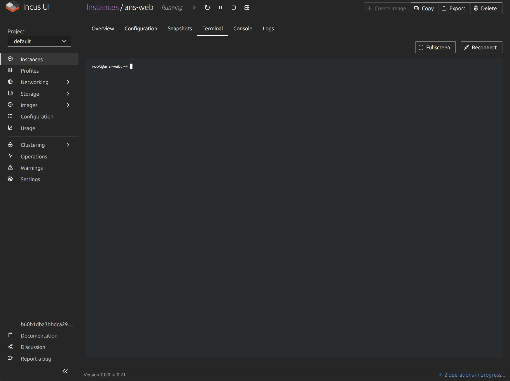 Terminal web d'une instance Incus dans l'interface graphique