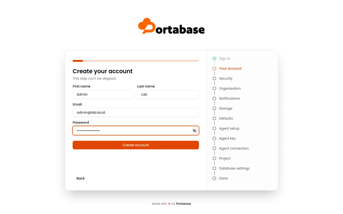 Création du compte administrateur Portabase 1.26