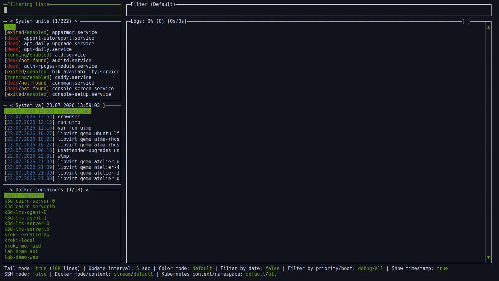 Interface de lazyjournal 0.8 listant unités systemd, journaux et conteneurs Docker