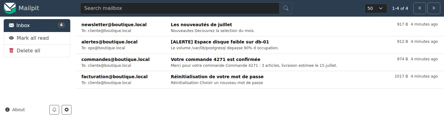 Boîte de réception de Mailpit affichant quatre mails capturés d'une application