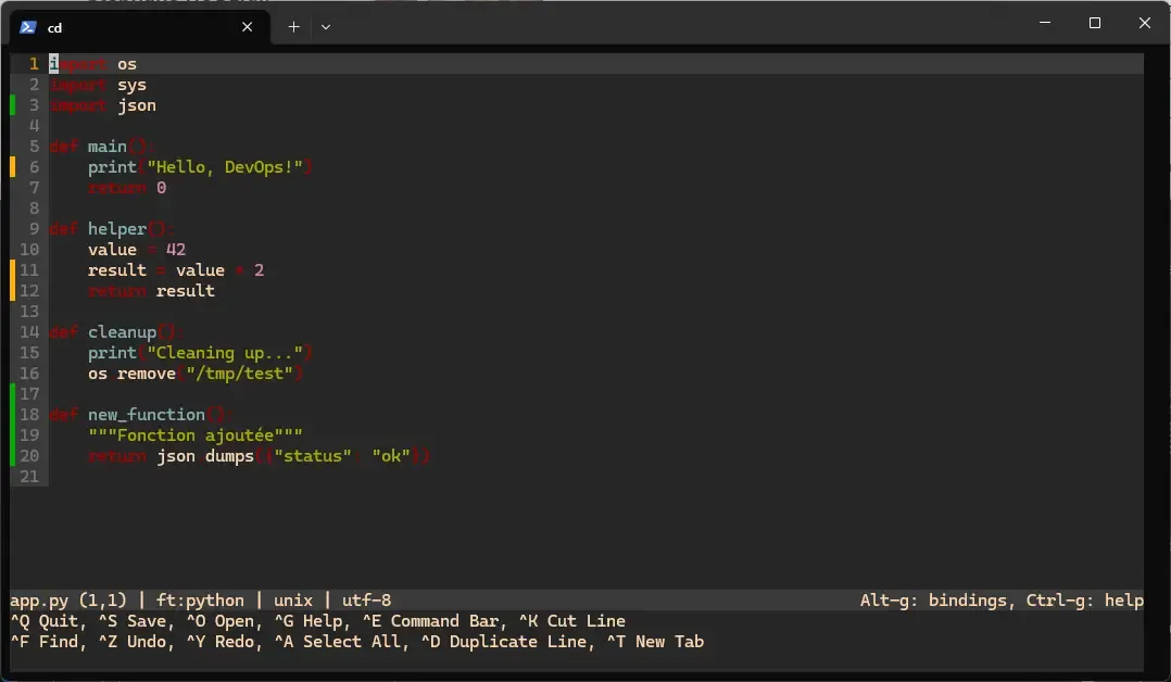 Marqueurs de diff Git dans la gouttière de micro : + pour les ajouts, ~ pour les modifications