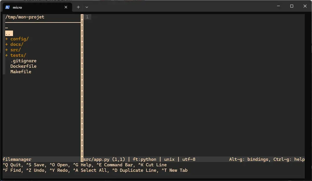 Plugin filemanager affichant l'arborescence du projet à gauche et le fichier ouvert à droite
