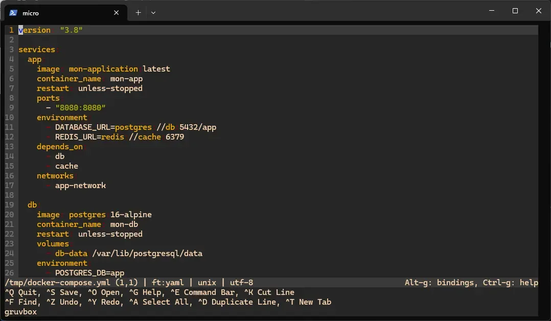 Micro avec le thème Gruvbox appliqué sur un fichier YAML — tons chauds et coloration riche