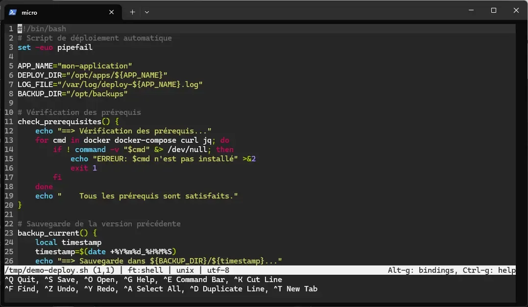 Menu de raccourcis de micro affiché en bas de l'écran, similaire à nano