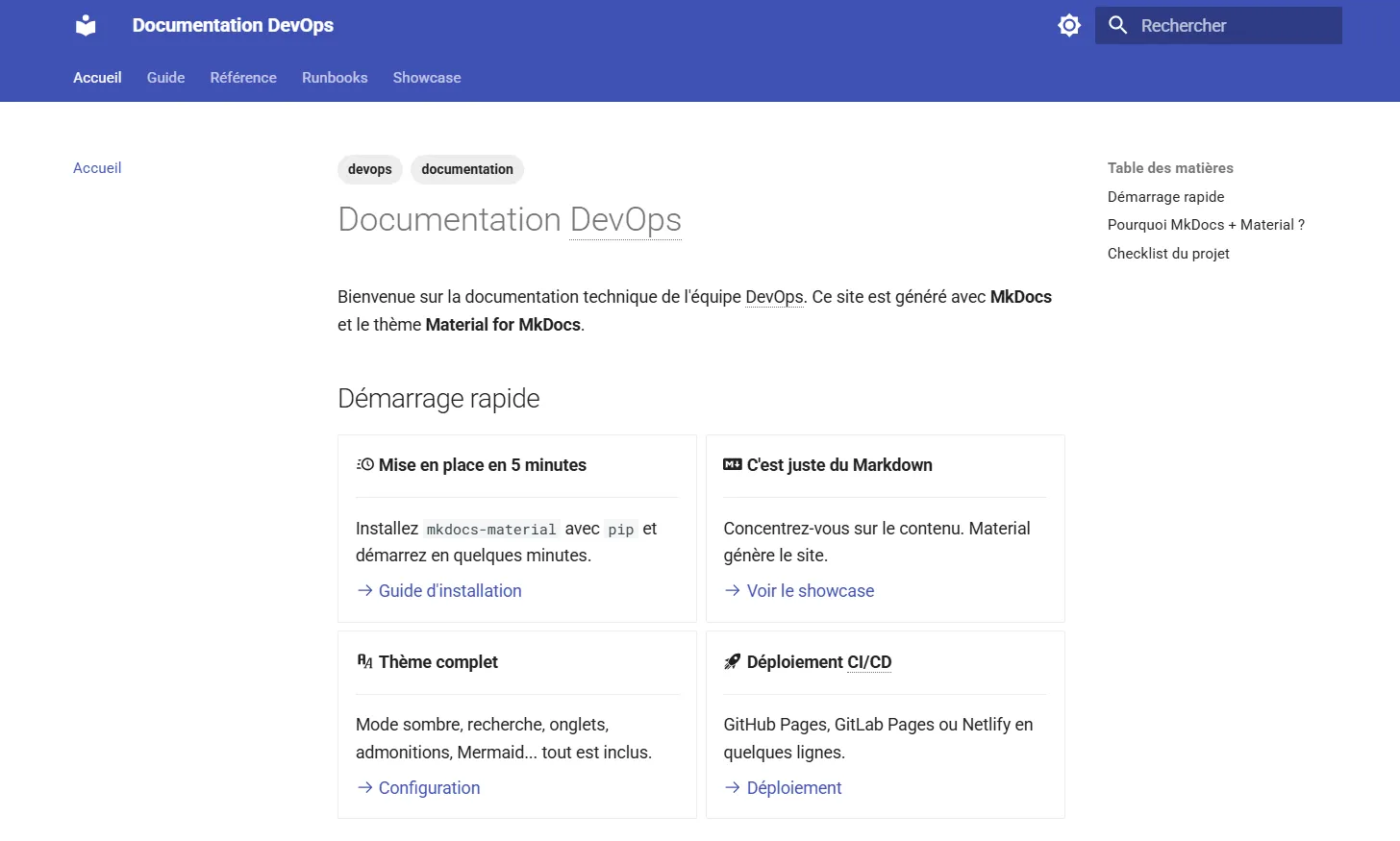 Page d'accueil MkDocs Material avec navigation, recherche et grille de cartes