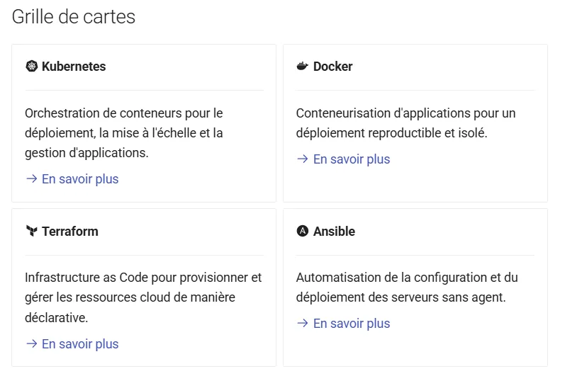 Grille de cartes Material avec icônes et liens d'action