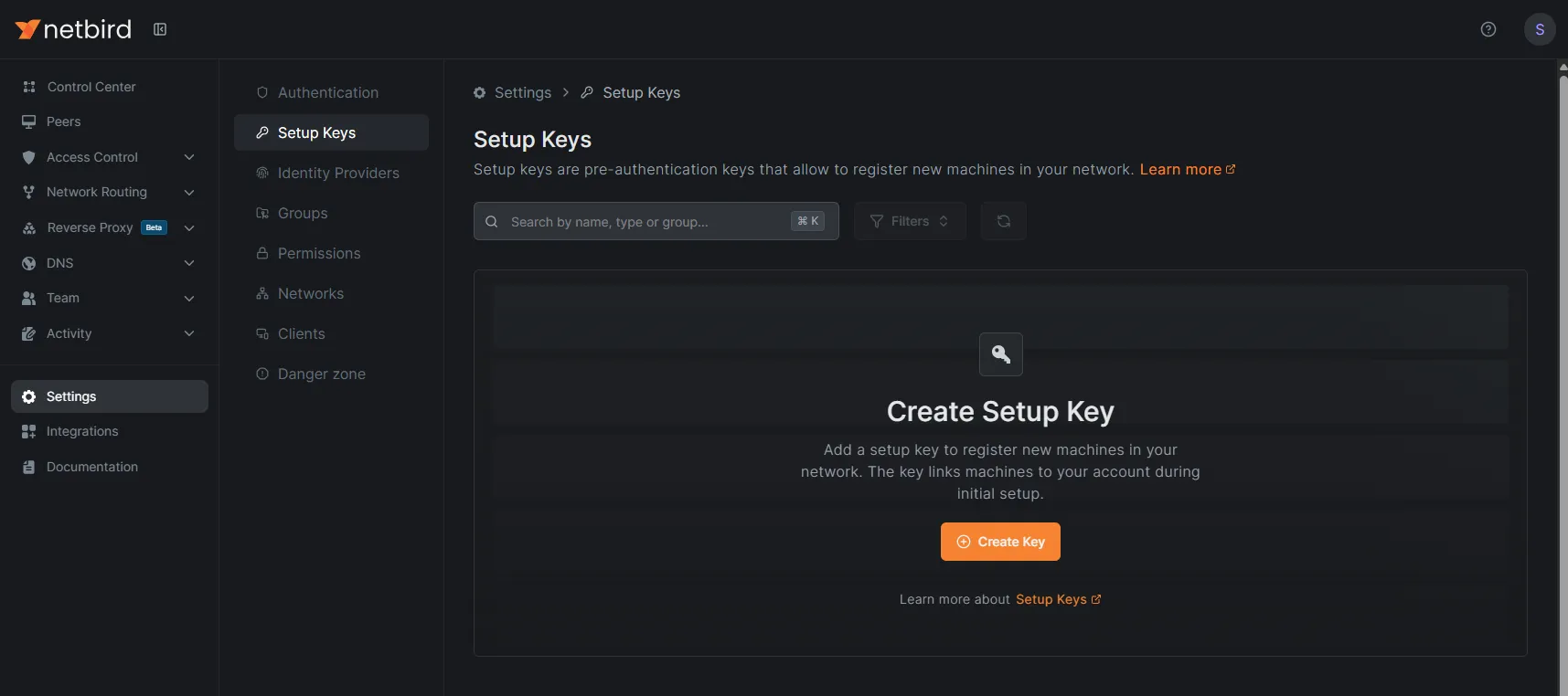 Création d'une setup key réutilisable dans les paramètres de NetBird