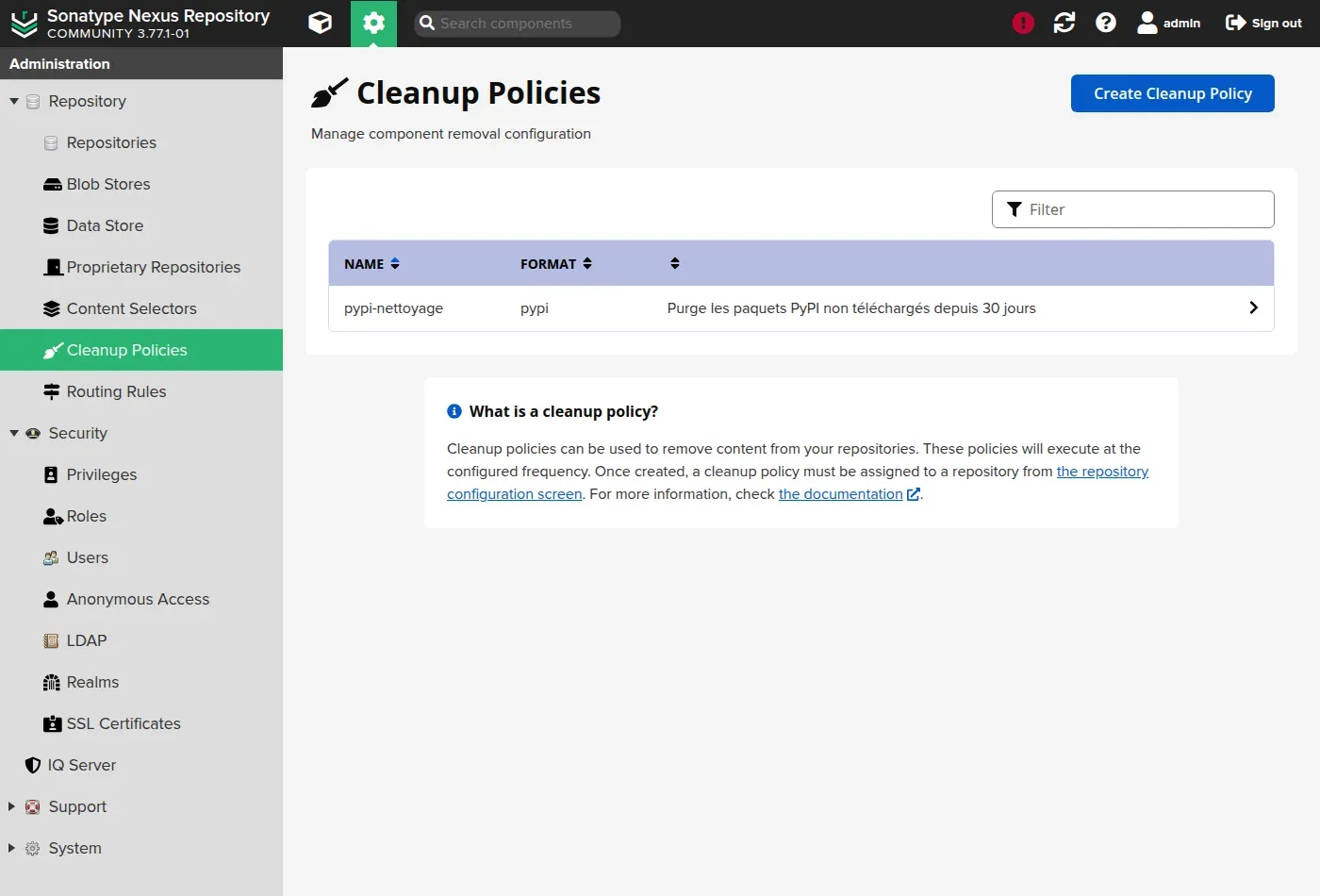 Liste des cleanup policies dans Nexus : une règle de purge PyPI à 30 jours
