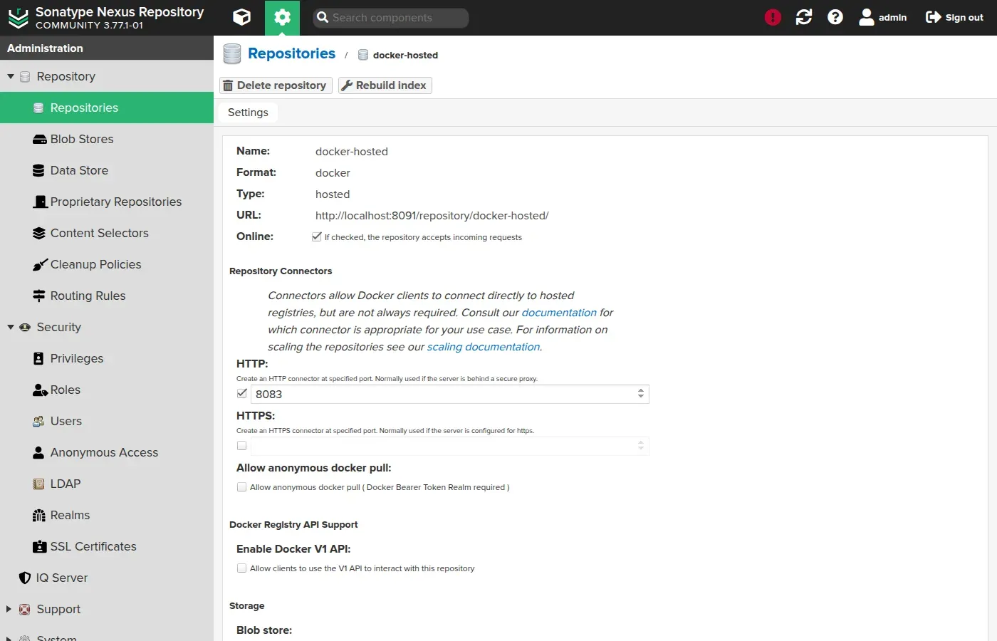 Configuration du dépôt docker-hosted dans Nexus : le connecteur HTTP activé sur un port dédié